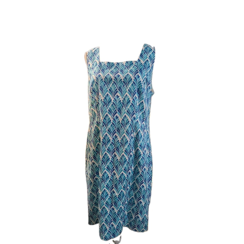 Pappagallo Women's Dress Size 14 Blue Turquoise Leaf Print 98% Cotton Lined